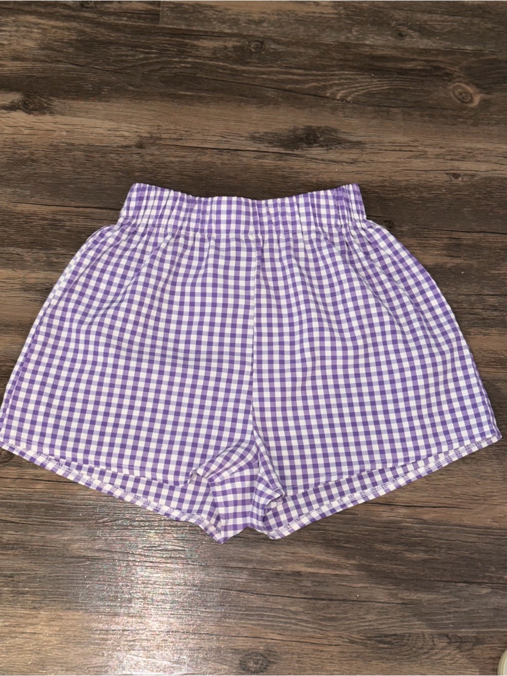 Purple Gingham High-Waist Elastic Shorts
